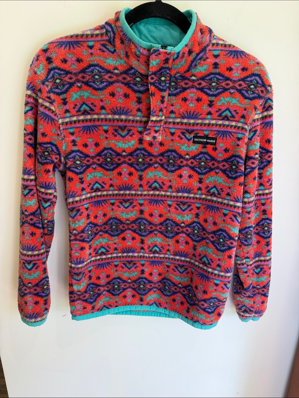 Southern Marsh Girls Dorado Fleece Pullover, Coral & Teal, M - Southwest, Aztec